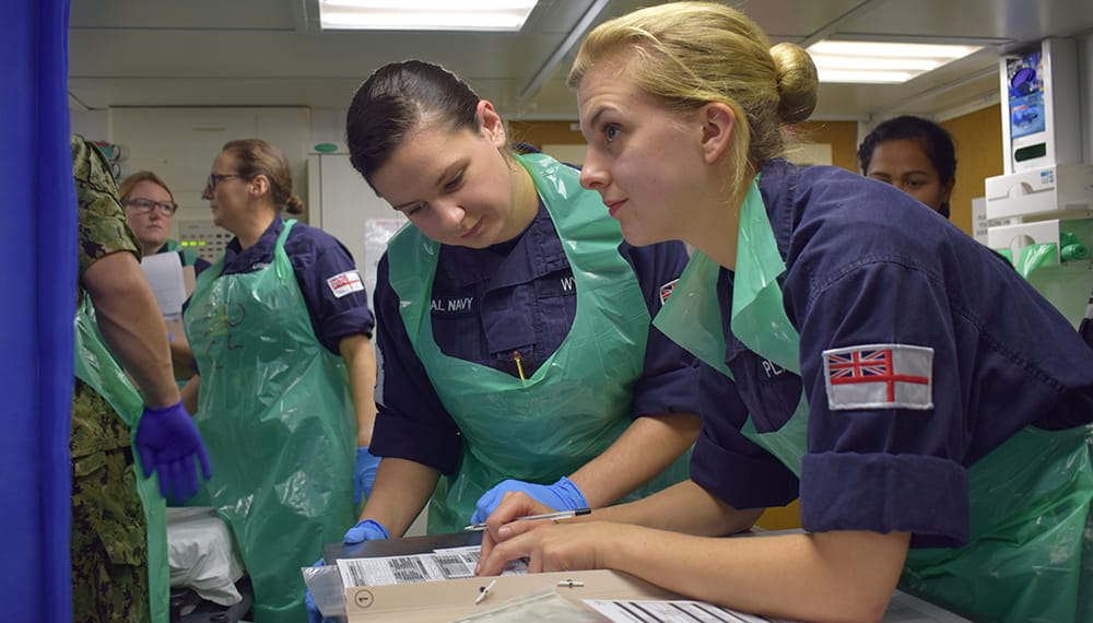 Medical specialists onboard include dental, biomedical scientists, radiographers, surgeons, nursing staff and the RM Band service.