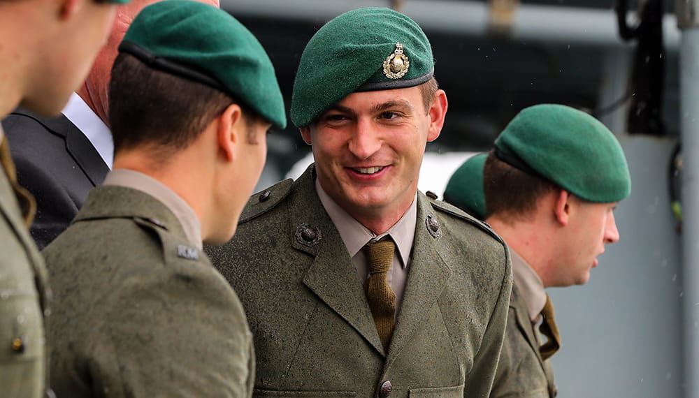 royal-navy-careers-life-in-the-royal-marines-05 Royal marines talking and smiling whilst wearing their green berets. Feet flagship returns from successful Baltic deployment. The Fleet Flagship HMS ALBION has returned home to Devonport Naval Base after successful deployment.
