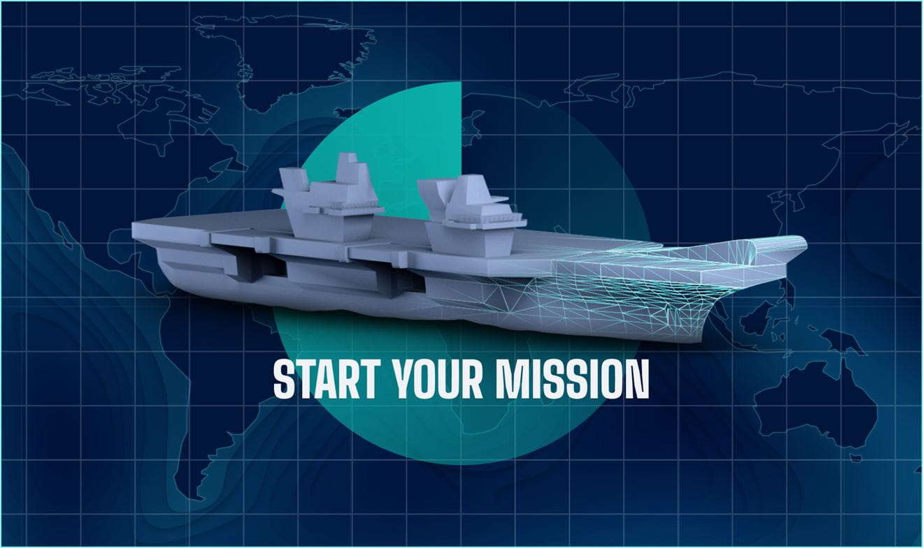 Carrier strike group graphic with a ship over a radar which is sat in front of a map illustration
