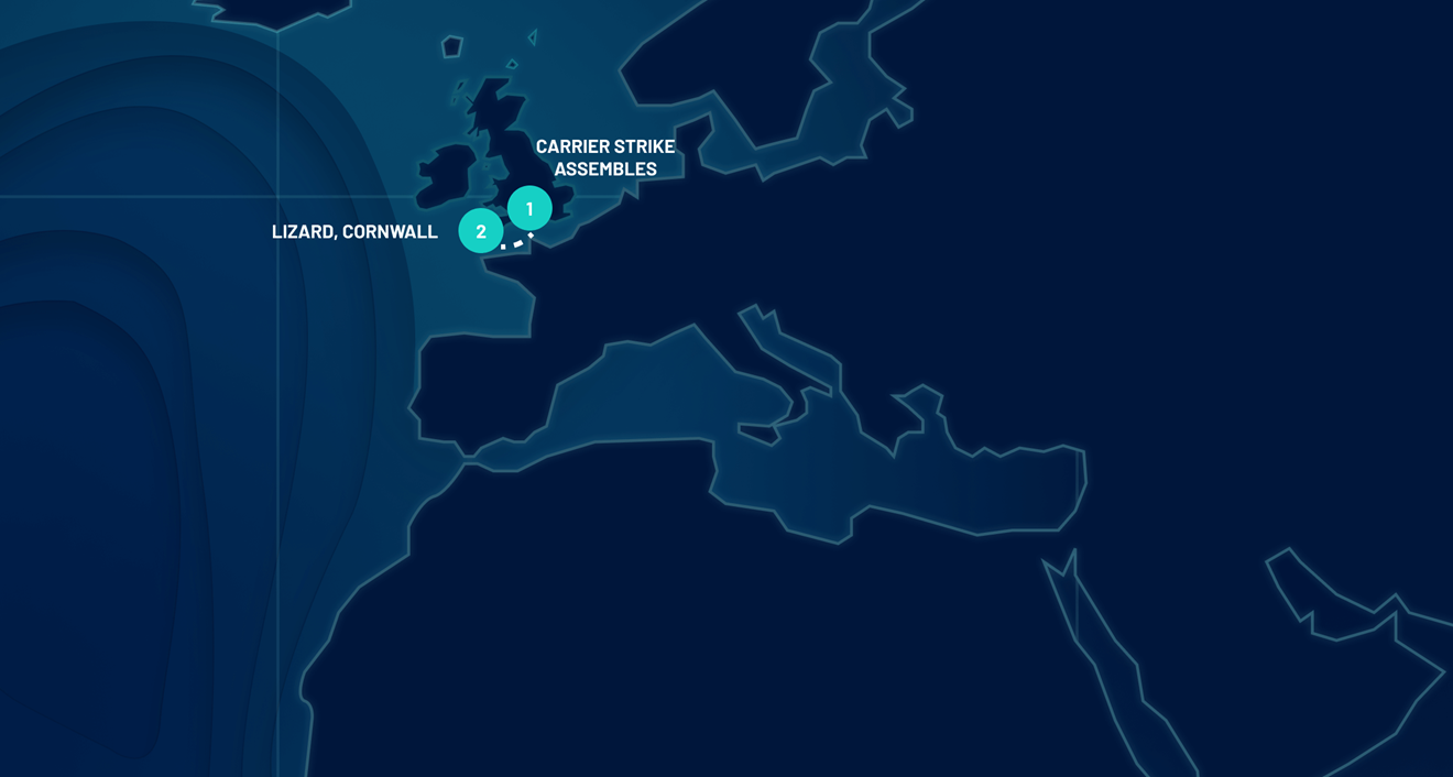 Day 3 Map - Europe with pin points for Portsmouth and Lizard