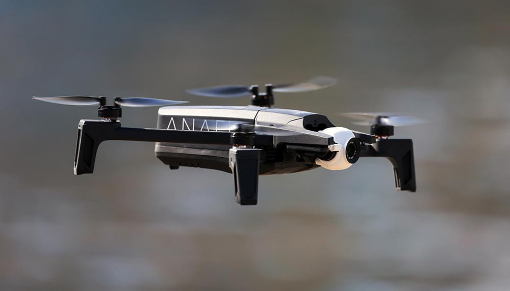 Royal-Navy-Equipment-Commando-By-Air-06-Parrot-Anafi-USA Close up of a Parrot Anafi drone in flight