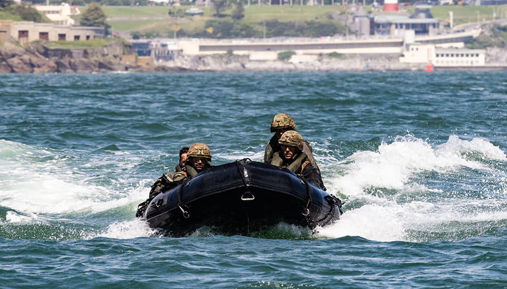 Royal-Navy-Equipment-Commando-By-Sea-04 47 Commandotravelling away from Plymouth in an Inflatable Raiding Craft