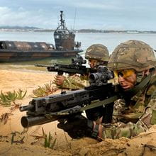 Royal-Navy-Equipment-Commando-Weaponry-04-SA80-Under-Slung-Grenade-Launcher Two commandos aiming under-slung greande launchers onn a beach