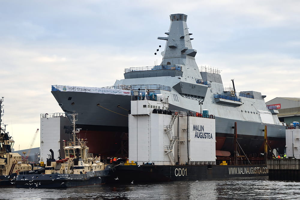 HMS Glasgow in dry dock at Govan Shipyard in Soutstoun