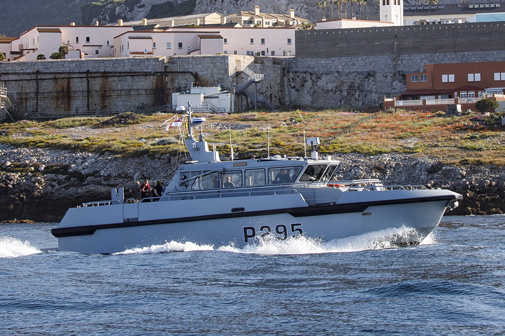HMS Cutlass patrolling the seas with the Rock of Gibraltar in the background