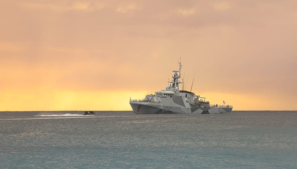 HMS Trent anchored off Montserrat.