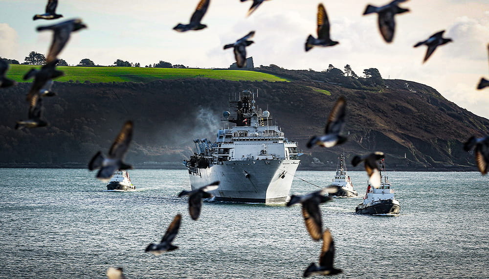 A frigate and 2 patrol boats approach the camera whilst a flock of birds fly during the shot.