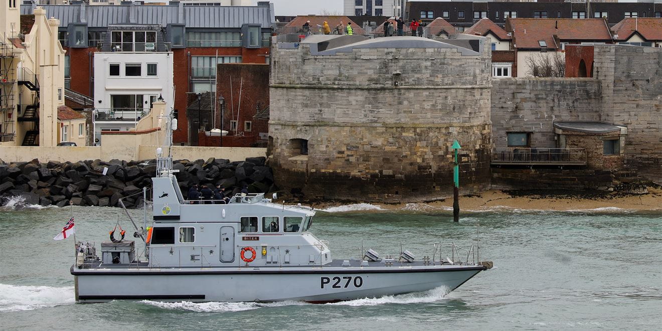 Archer class patrol boat P270 coasting through Portsmouth harbour