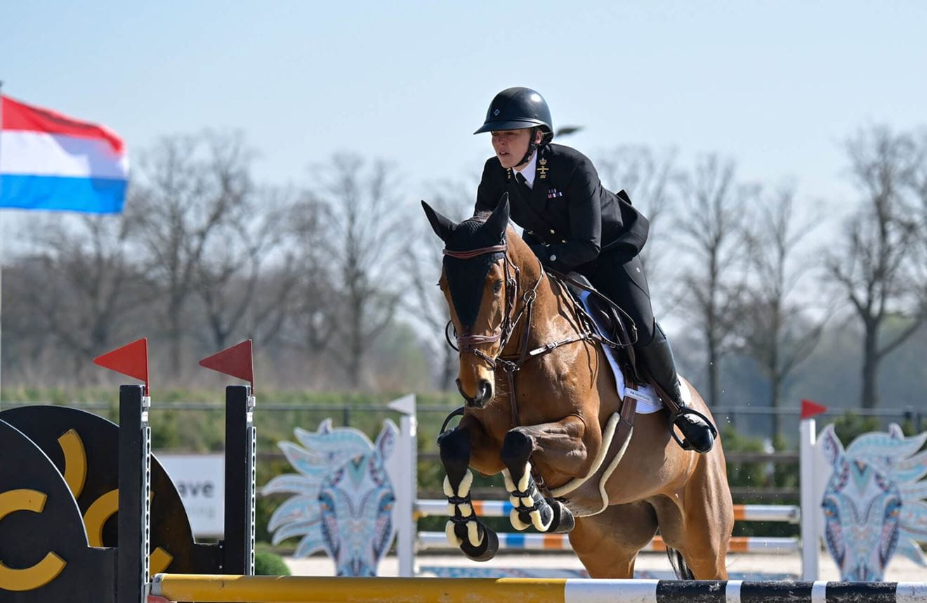 A colour photo shows a Royal Navy equestrian rider and her horse, mid-jump. They leap over a fence obstacle, wearing official Royal Navy equestrian kit.