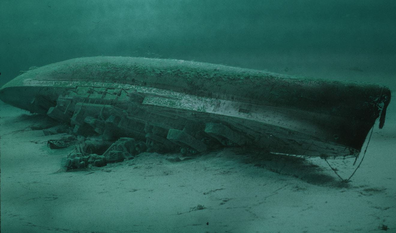 A computer-generated graphic of the upturned hull of HMS Royal Oak as she appears on the Scapa Flow seabed