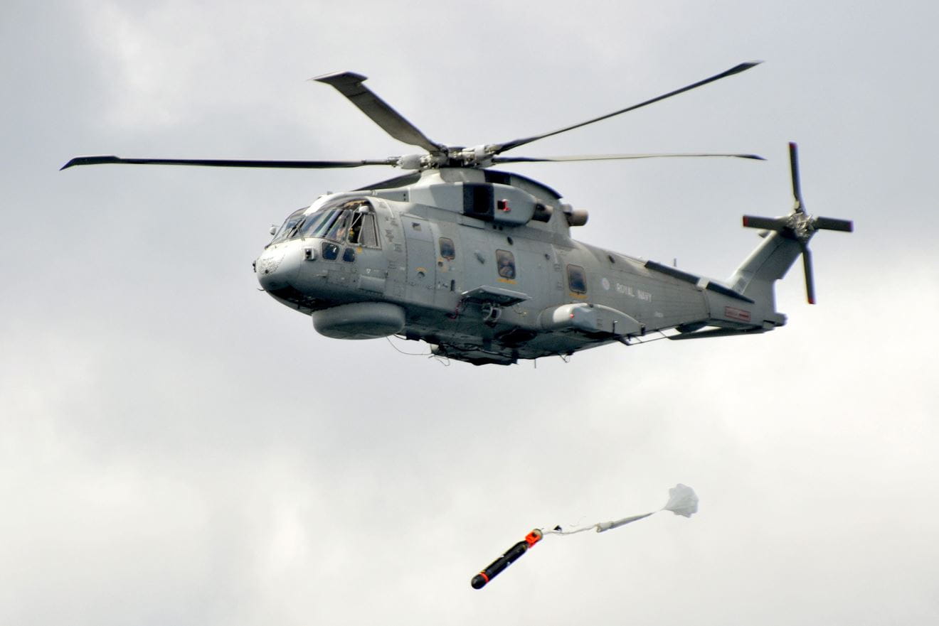 Torpedo away! A Merlin Mk2 launches a Sting Ray torpedo into Falmouth Bay Torpedo away! A Merlin Mk2 launches a Sting Ray torpedo into Falmouth Bay