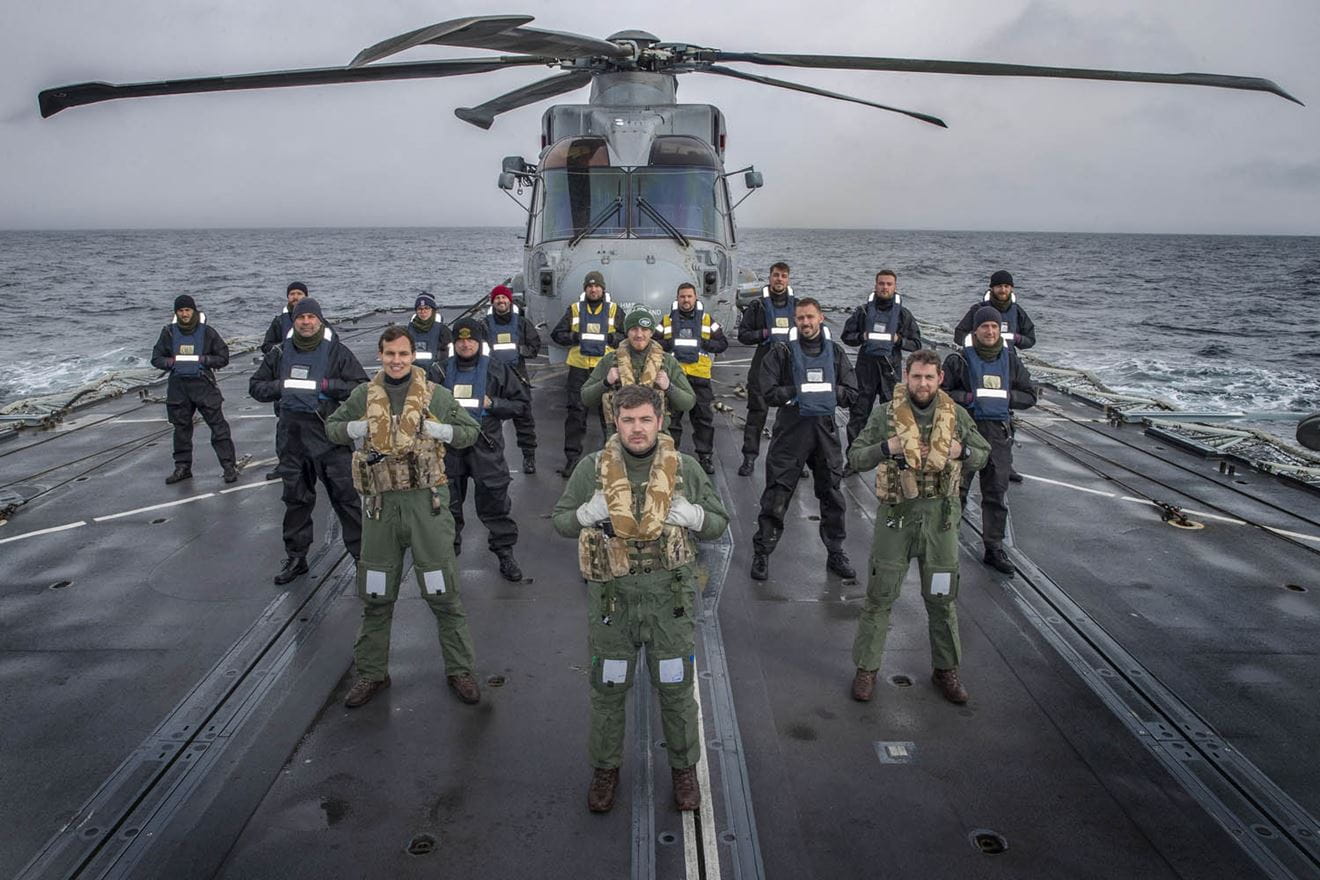 814 Flight have a group photo taken on the flight deck of HMS Kent