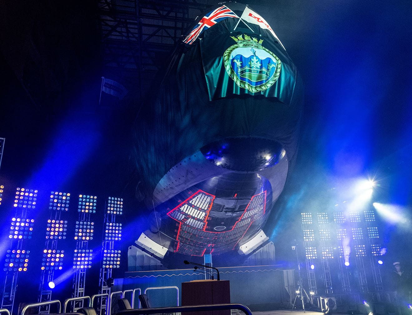More complex than the Space Shuttle - the bow section of HMS Anson is lit up at the naming ceremony More complex than the Space Shuttle - the bow section of HMS Anson is lit up at the naming ceremony