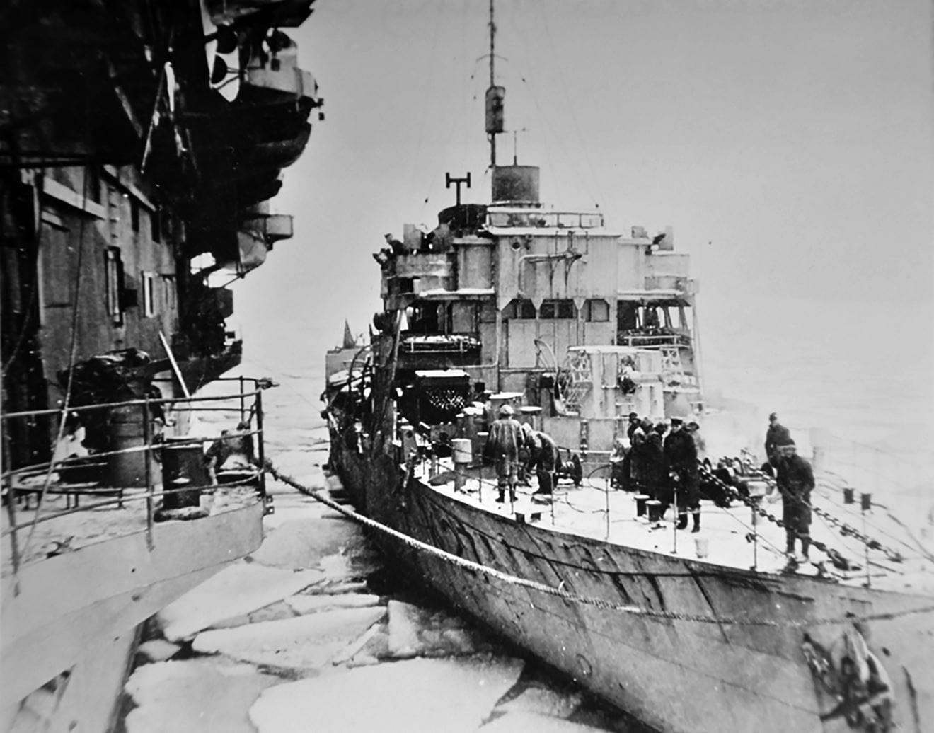 HMS Honeysuckle comes alongside carrier HMS Trumpeter in the Kola Inlet, March 1945 HMS Honeysuckle comes alongside carrier HMS Trumpeter in the Kola Inlet, March 1945