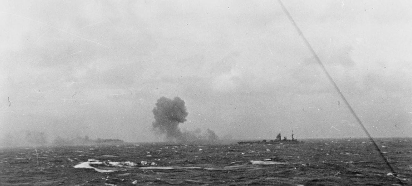 HMS Rodney engages Bismarck (black smoke on the horizon) HMS Rodney engages Bismarck (black smoke on the horizon)