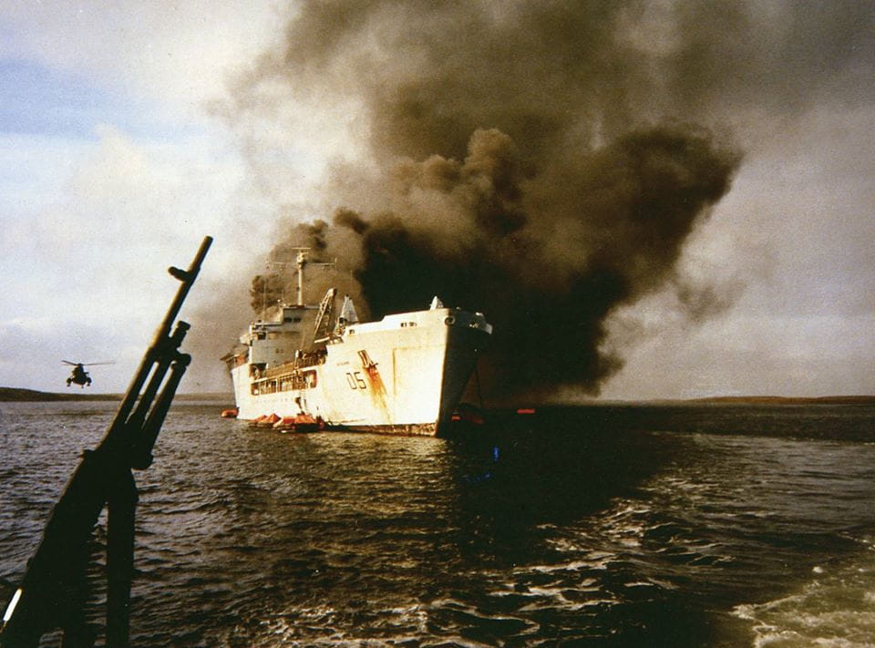 RFA Sir Galahad burns after being hit by Argentine bombs RFA Sir Galahad burns after being hit by Argentine bombs