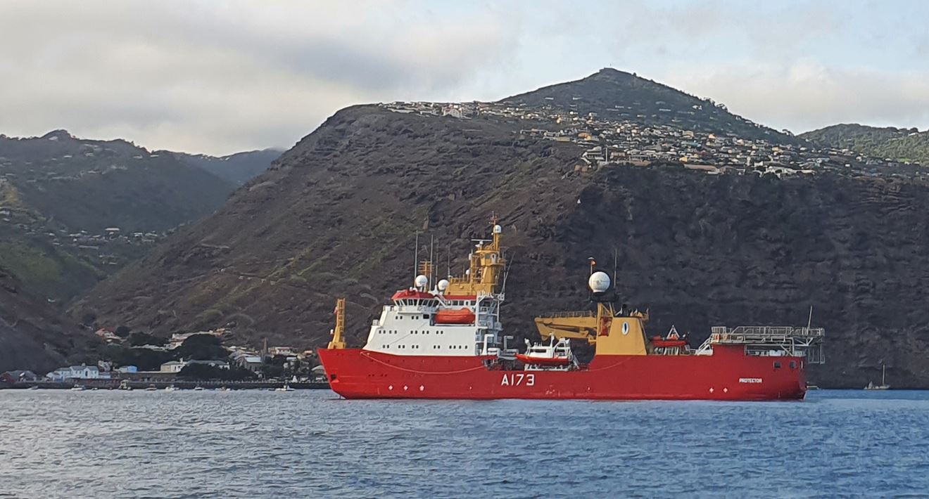 HMS Protector at anchor in James Bay, St Helena HMS Protector at anchor in James Bay, St Helena