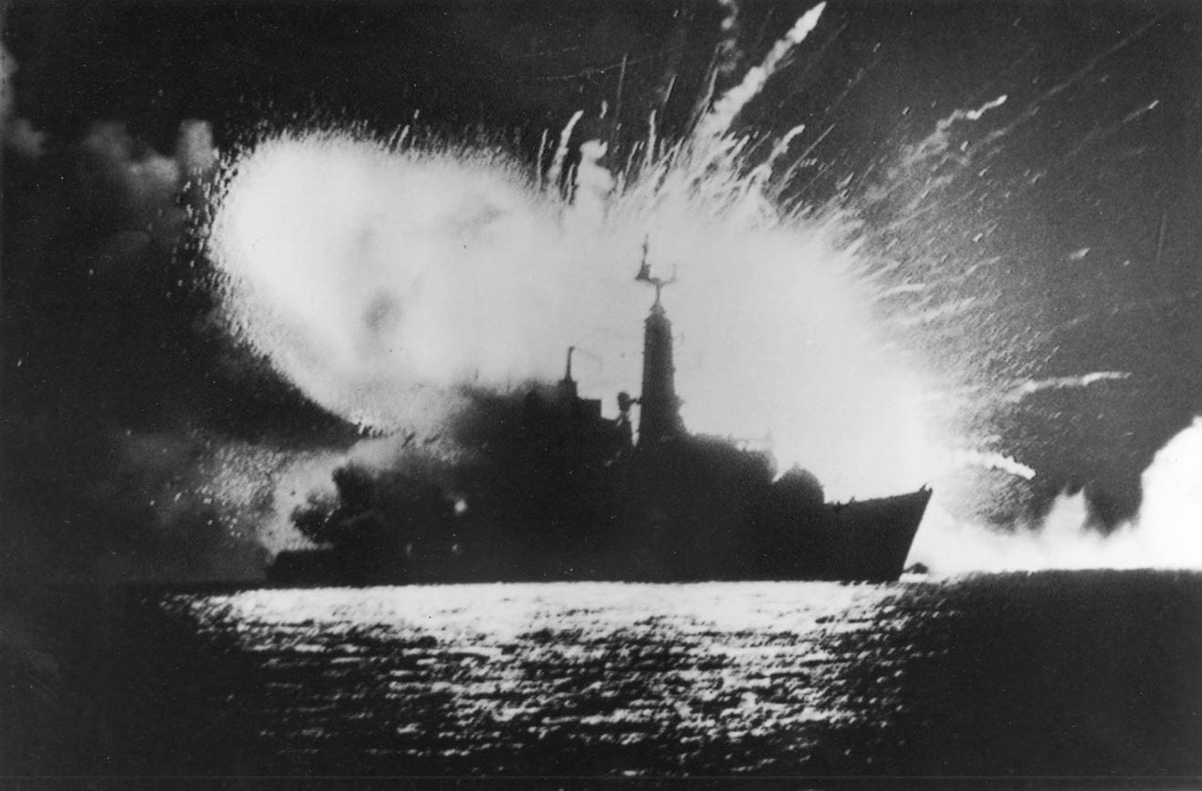 A majestically awful sight - HMS Antelope's magazine detonates A majestically awful sight - HMS Antelope's magazine detonates