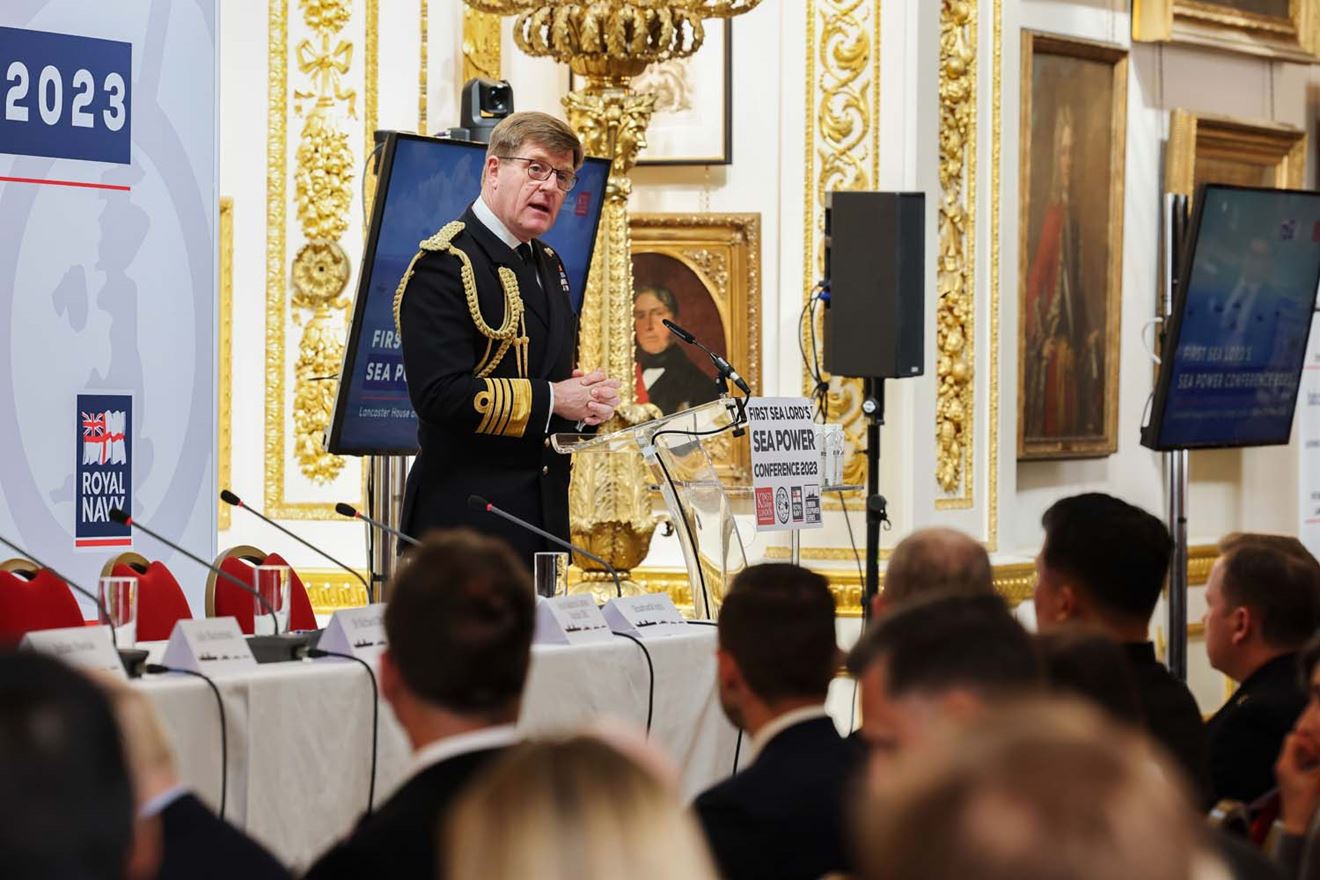 First Sea Lord delivering his speech at the Sea Power Conference in London