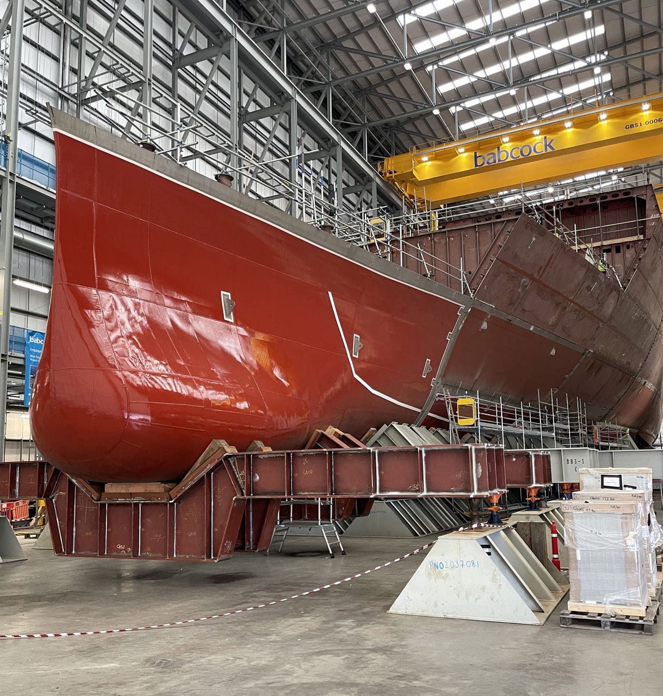 The impressive, already painted bulbous bow of HMS Venturer The impressive, already painted bulbous bow of HMS Venturer