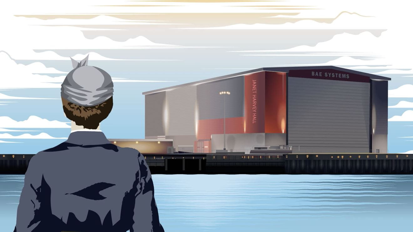 A graphic depicting a wartime female shipbuilder looking at the Janet Harvey Hall A graphic depicting a wartime female shipbuilder looking at the Janet Harvey Hall