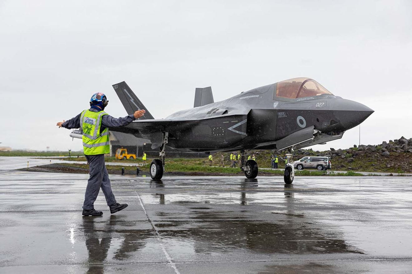 Picture of F35-B (ZM161) from RAF Marham taxiing in and directed by Ground Crew staff, due to conduct NATO air policing missions in Iceland.