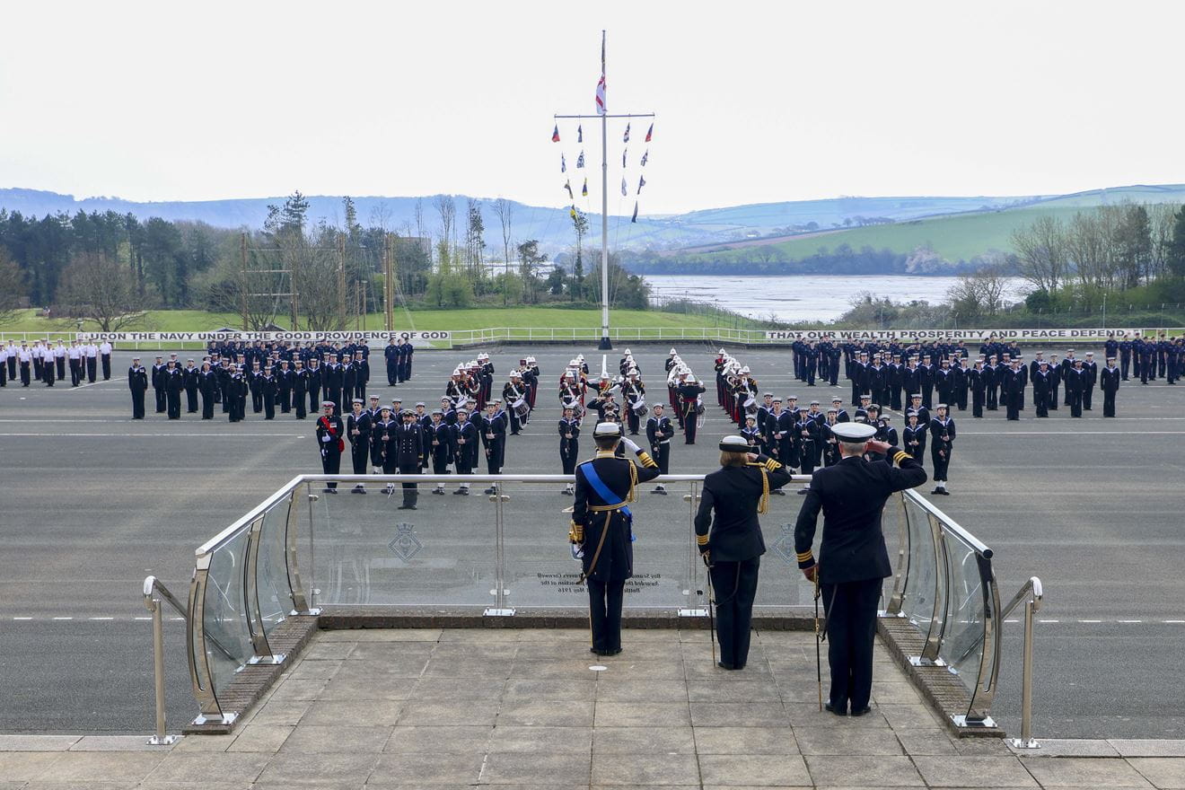 HRH The Princess Royal takes the salute at a pass out parade at Raleigh in March 2023