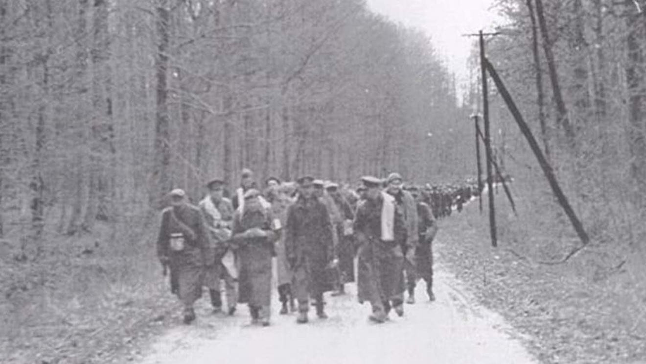 A rare and grainy image of the prisoners on the march in 1945