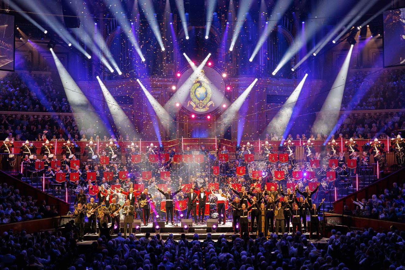 Ukrainian musicians join the Royal Marines Band for the first time on stage at the Mountbatten Music Festival at the Royal Albert Hall