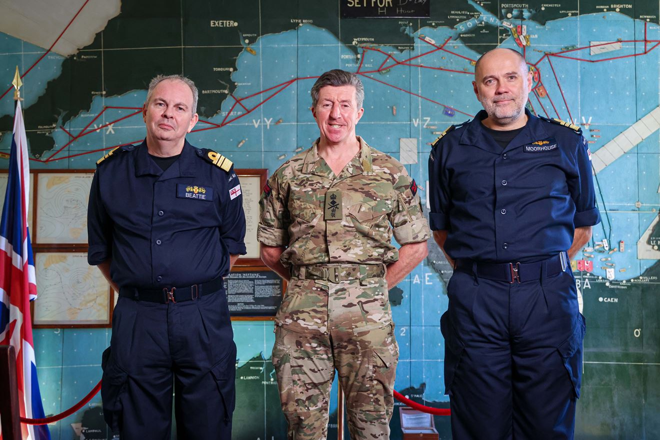 On the 30th September, the First Sea Lord, General Sir Gwyn Jenkins, hosted a wargame at southwick park. During a break, hiself, the Second Sea lord Vice Admiral Paul Beattie and the Fleet Commander, Vice Admiral Steve Moorhouse visited the D-Day planning wall in Southwick House.