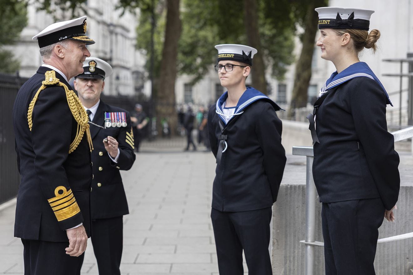 Admiral Sir Tony Radakin talks to Royal Navy personnel  on his final day as Chief of the Defence Staff