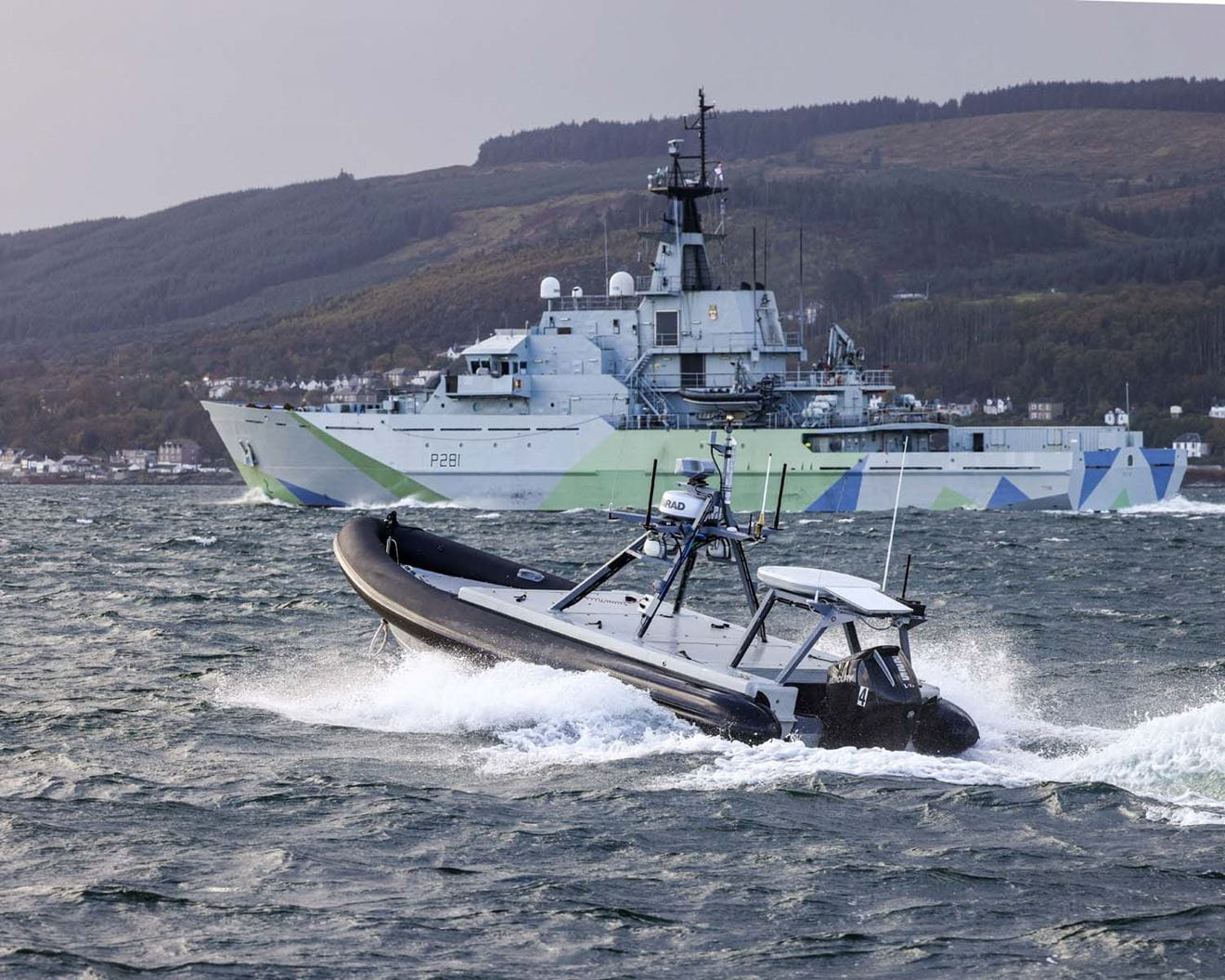 Five uncrewed boats remotely-piloted from 500 miles away swarmed HMS Tyne in a demonstration of how the Royal Navy could utilise such technology on operations. Picture: LPhot Daniel Bladen