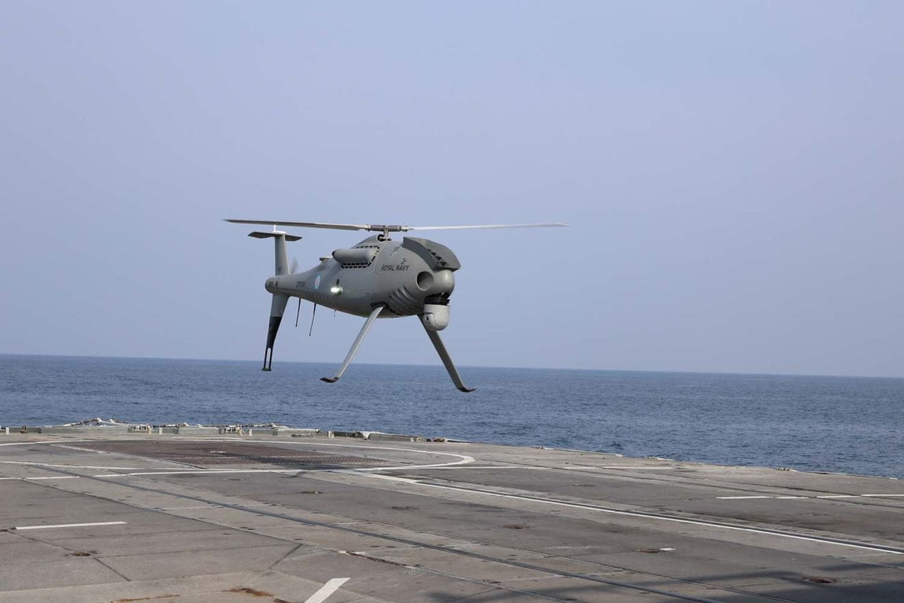 A Peregrine drone hovers just off the flight deck of HMS Lancaster Picture PO Walker