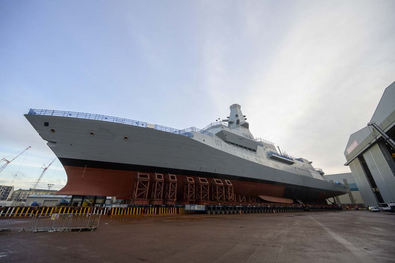 HMS Glasgow will enter the water for the first time as she's lowered onto a barge to start the next phase of her build. Picture: BAE Systems