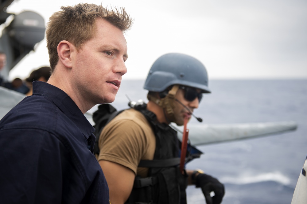 S/Lt Tom Hillier on the fo'c'sle of the USS PREBLE (DDG 88), a guided-missile destroyer, at sea in the Pacific Ocean during RIMPAC.