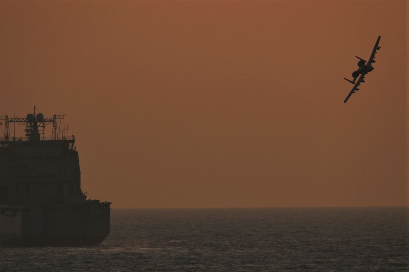 An A-10 banks off the bow of RFA Cardigan Bay An A-10 banks off the bow of RFA Cardigan Bay