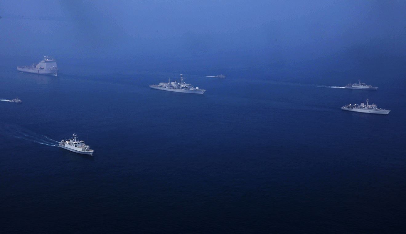 HMS Chiddingfold leads HMS Shoreham (nearest the camera) and HMS Penzance, frigate HMS Montrose and RFA Lyme Bay and two US Navy Mark VI combat boats during Exercise Interop HMS Chiddingfold leads HMS Shoreham (nearest the camera) and HMS Penzance, frigate HMS Montrose and RFA Lyme Bay and two US Navy Mark VI combat boats during Exercise Interop
