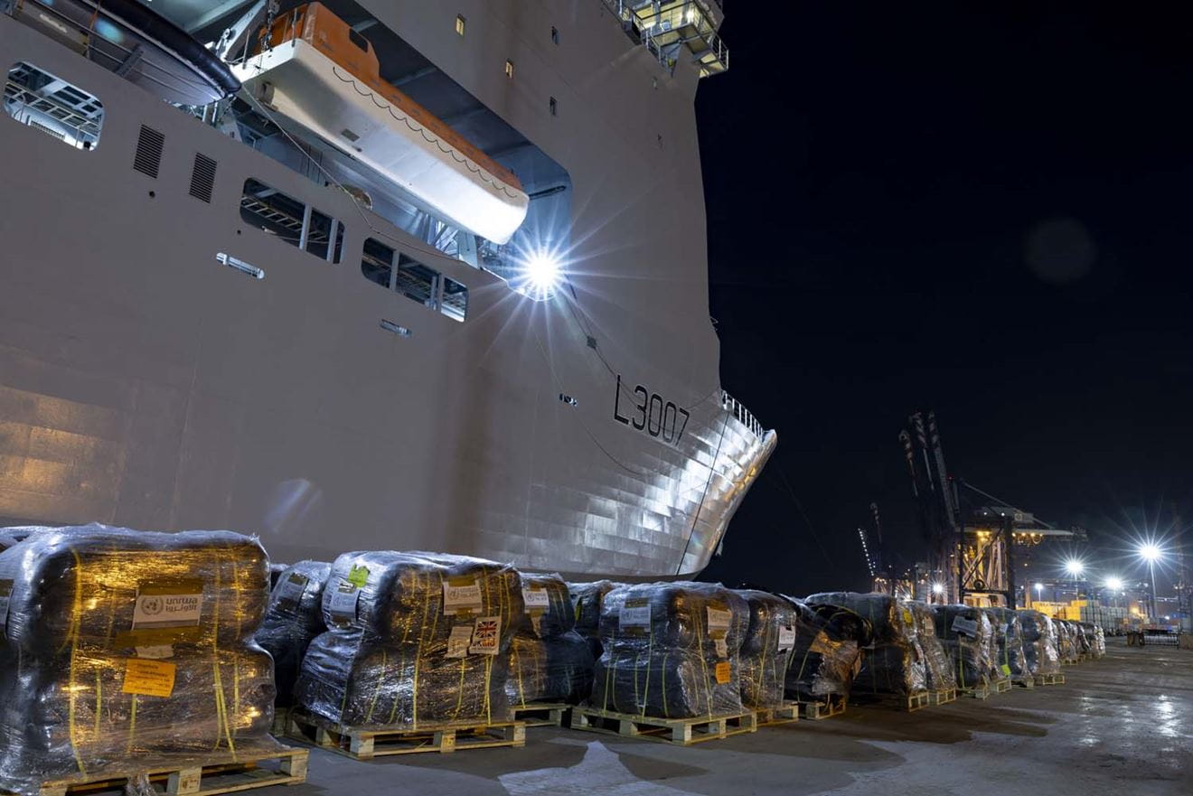 RFA Lyme Bay has delivered more than 80 tonnes of humanitarian aid for Gaza on behalf of the UK. Picture: Corporal Anil Gurung