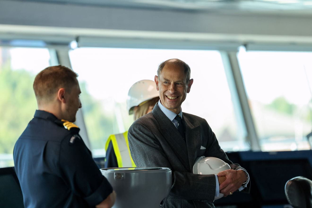 HRH discusses progress with the refit with an officer on Tidesurge's bridge HRH discusses progress with the refit with an officer on Tidesurge's bridge