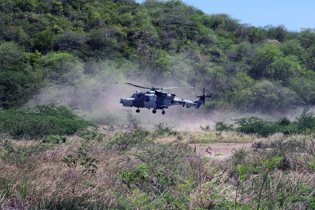 Wave Knight's Wildcat lifts off from its makeshift landing site at Fox Bay