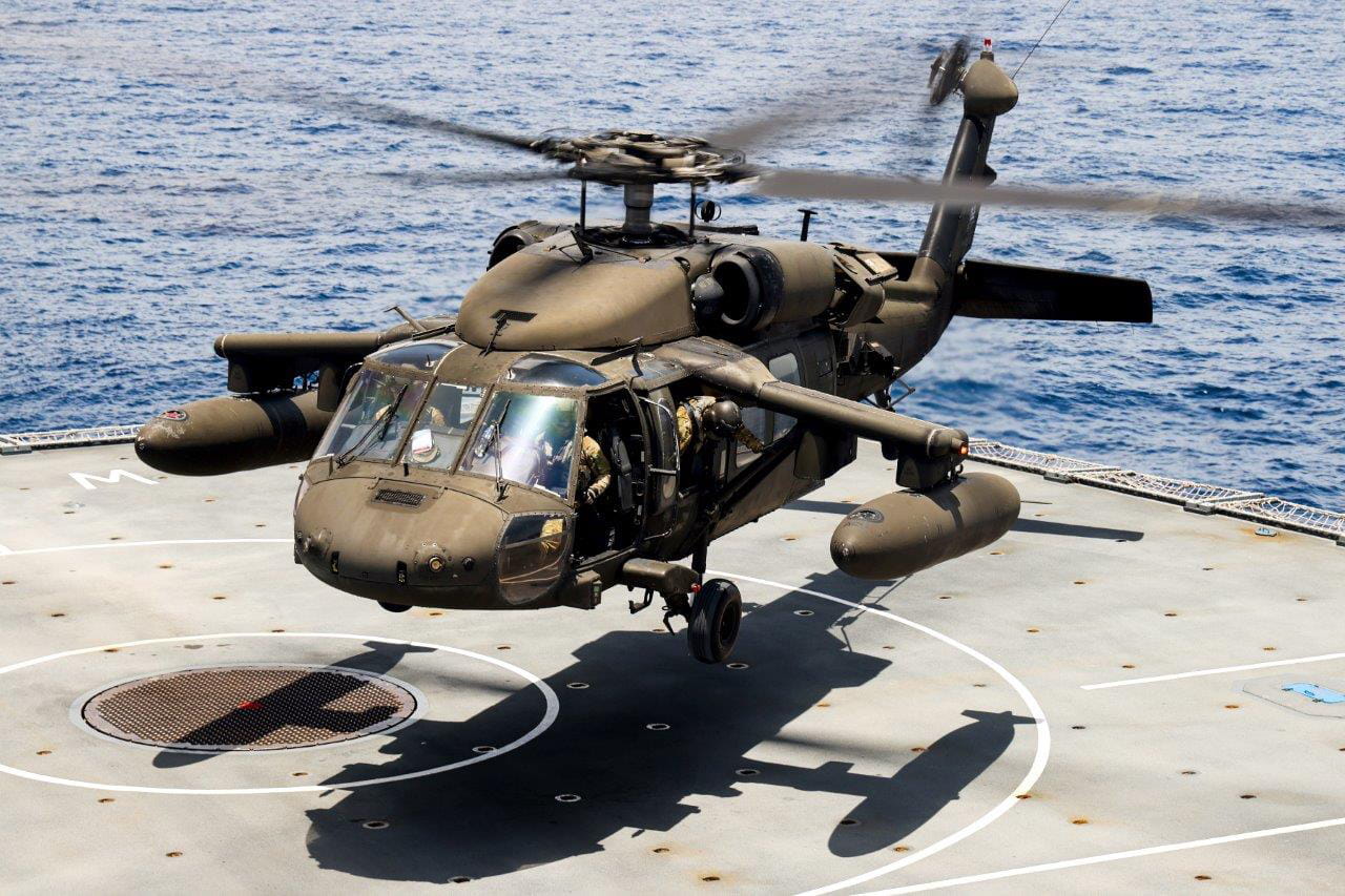 A US Army Black Hawk arrives on Wave Knight ready for refuelling and recuperation