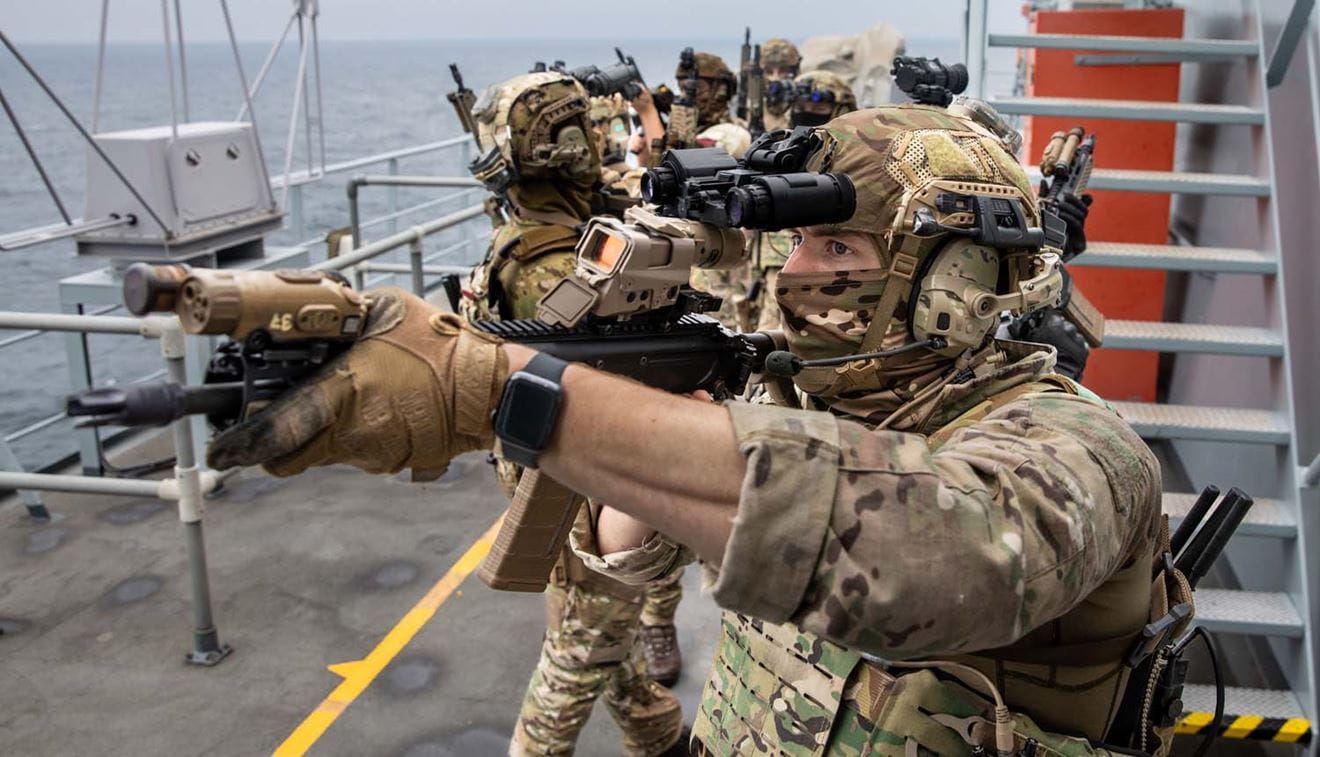 Royal Marines take on boarding drills on RFA Lyme Bay