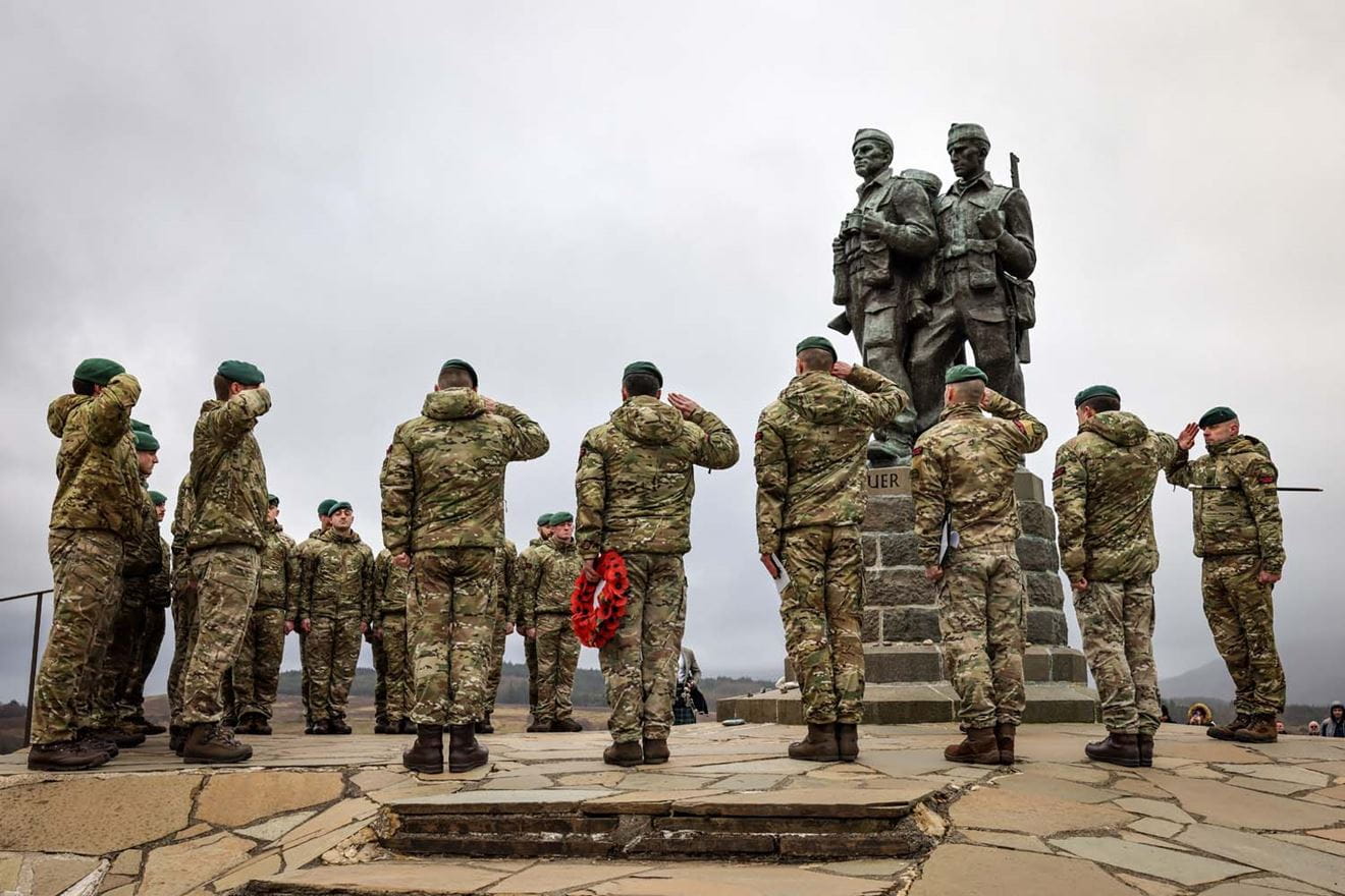 Royal Marines Commandos from 43 Commando Fleet Protection Group RM hold a remembrance service at the Spean Bridge Commando Memorial to commemorate the 80th anniversary of the battle at Comacchio.