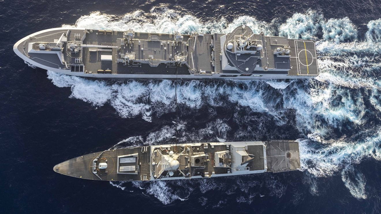 An impressive topdown view of HMS Dragon bottom RASing with FS Jacques Chevallier