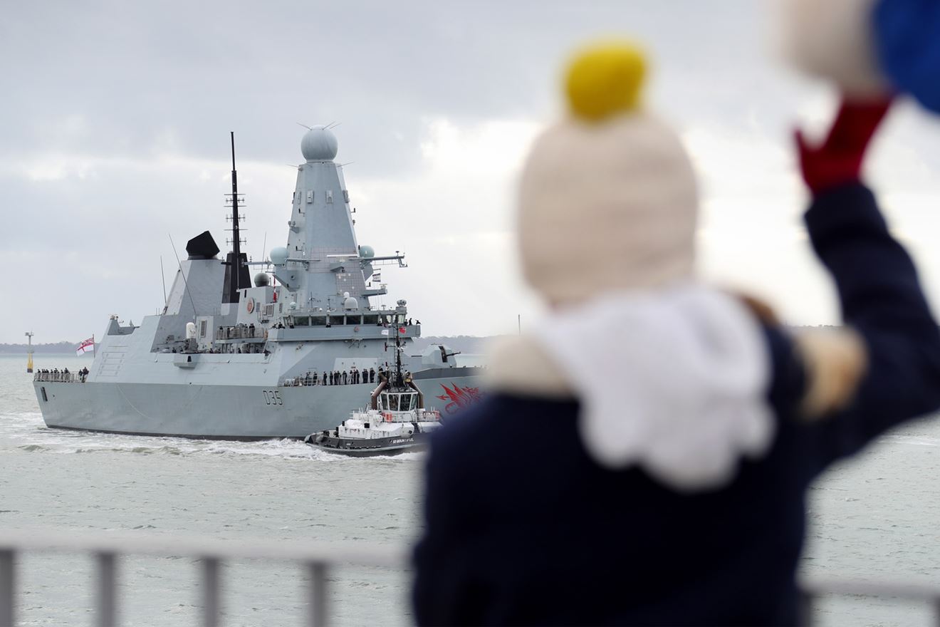Fiends and families at the Round Tower, welcoming HMS Dragon after deployment in the Black Sea.