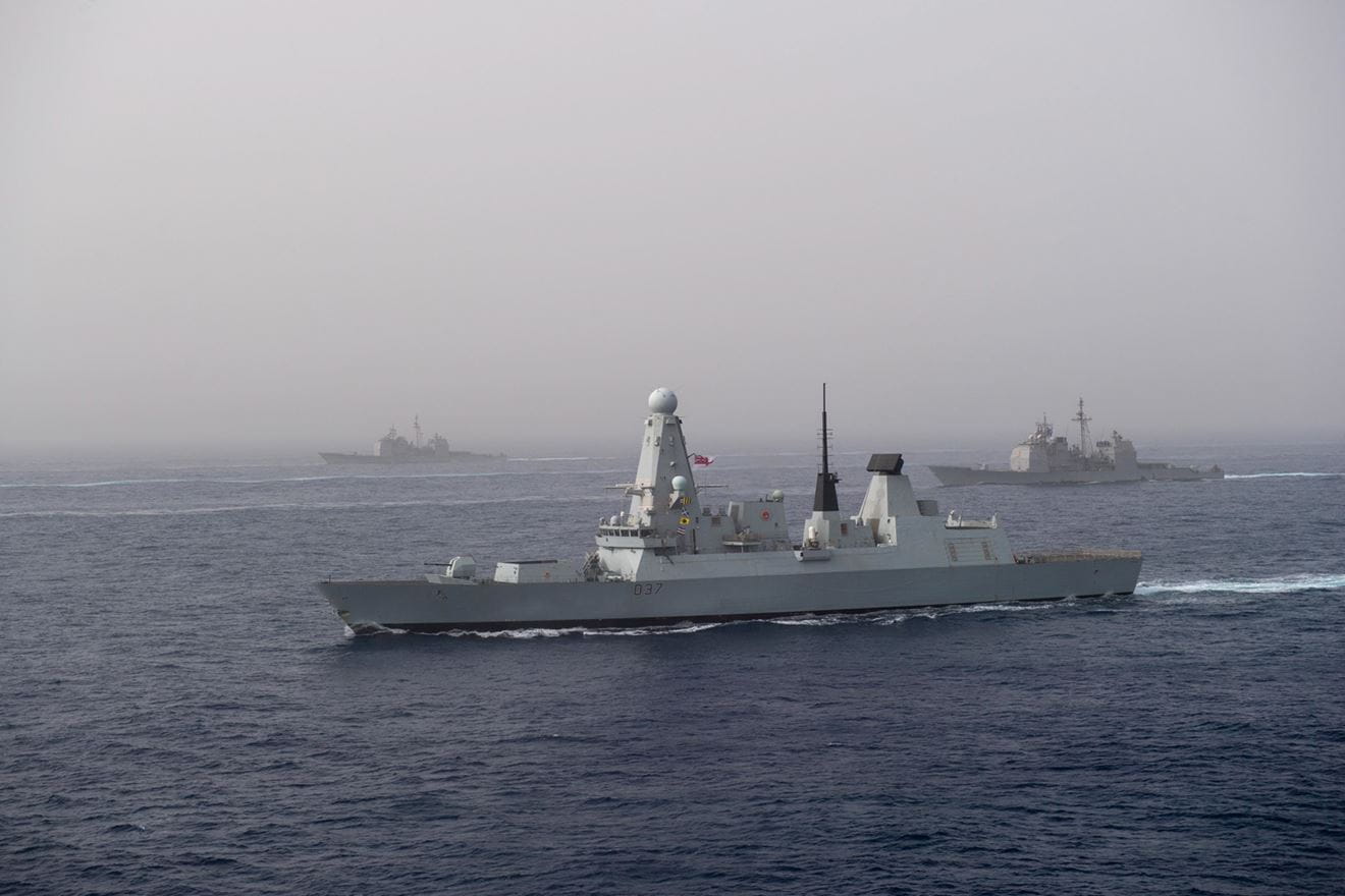 HMS Duncan (front) USS Leyte Gulf (left) and USS Mobile Bay.