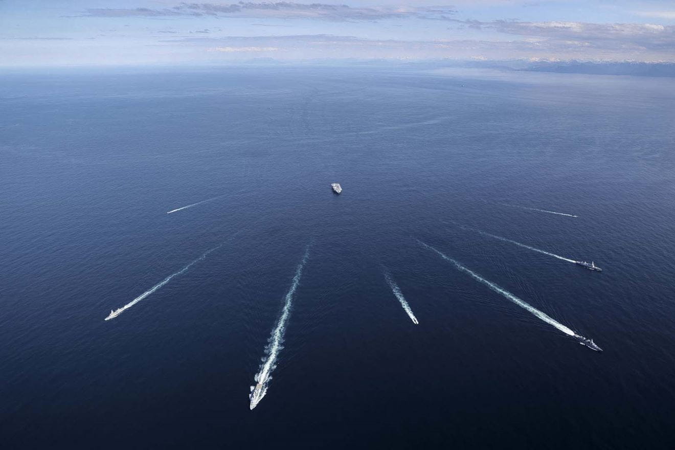 The Dynamic Mongoose participants spread out from HMS Prince of Wales