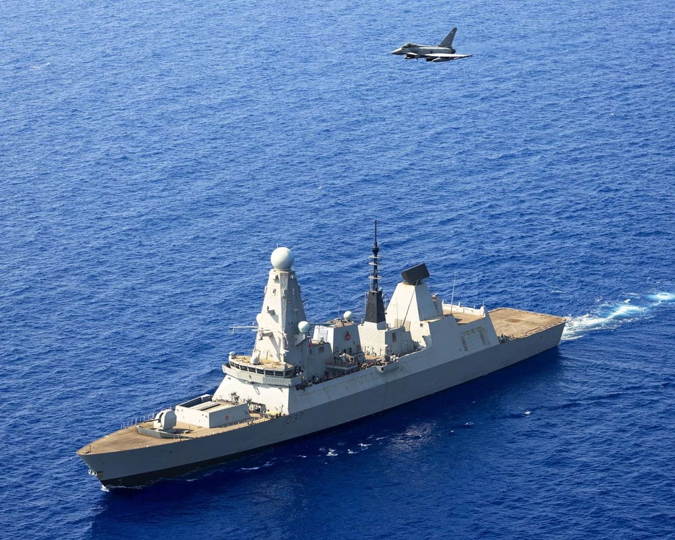 A Royal Air Force Typhoon FGR4 deployed to RAF Akrotiri worked with HMS Duncan on counter-drone training. Picture: LPhot Gareth Smith
