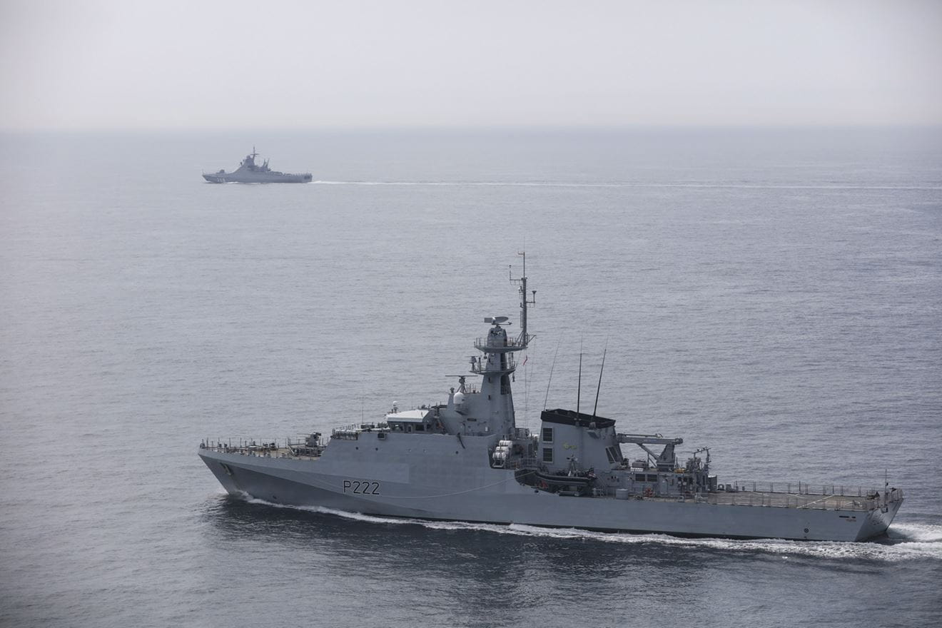 HMS Forth (foreground) accompanies the Russian Navy’s corvette, Vasily Bykov, through the English Channel