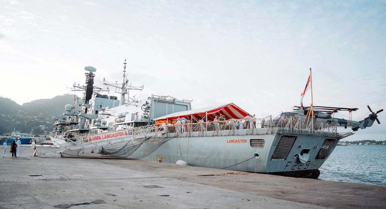 HMS Lancaster alongside in Victoria, Seychelles